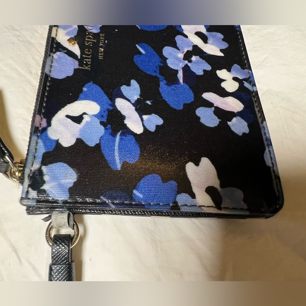 Kate Spade NY Floral Stripe Slim Wristlet Pouch Zip Clutch Black Blue - Picture 9 of 11